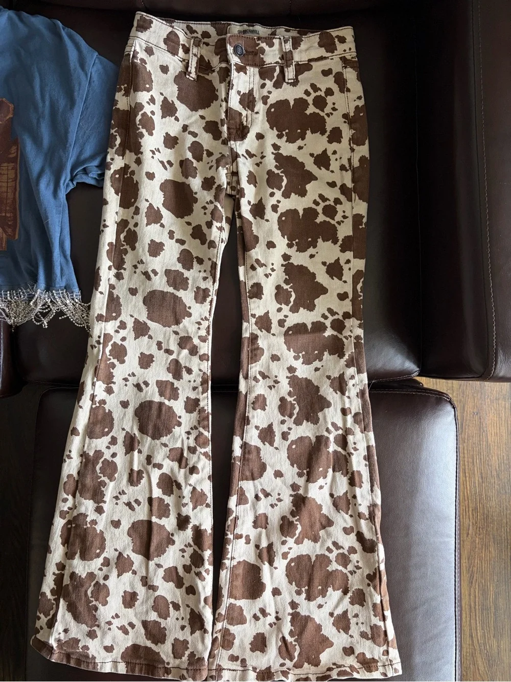 Graphic Tee Trio and Cowprint Bell-Bottoms - Gray, Rust, Blue, Brown